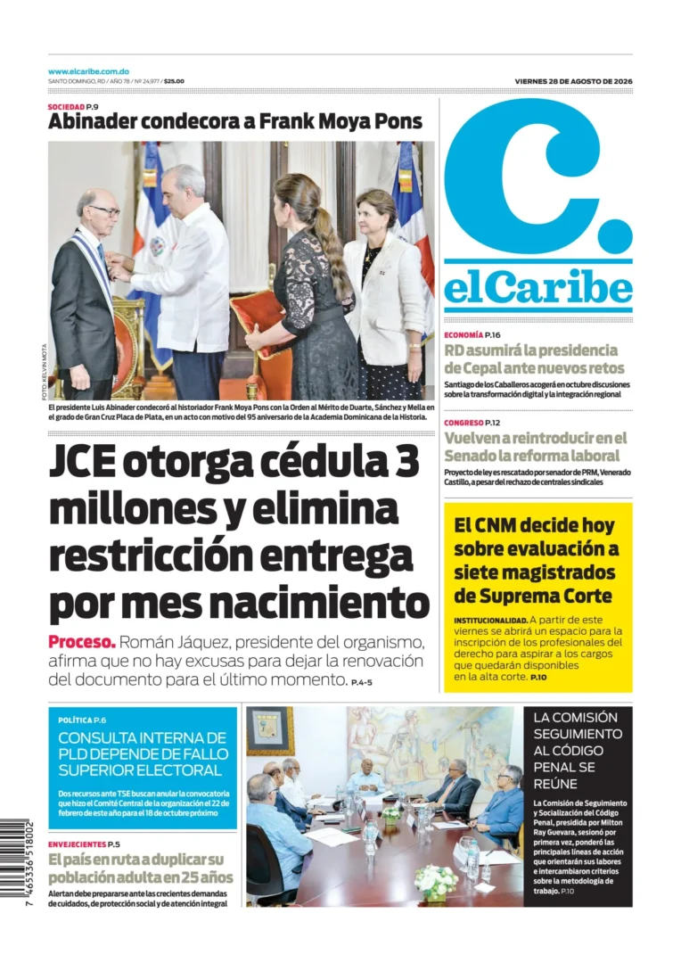 Portada Periódico El Caribe, Viernes 28, Agosto 2026