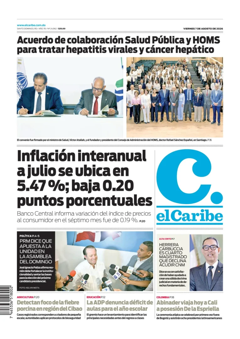 Portada Periódico El Caribe, Viernes 7, Agosto 2026