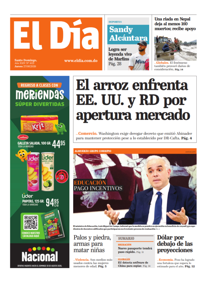 Portada Periódico El Día, Jueves 27, Agosto 2026