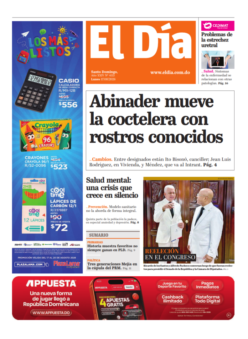 Portada Periódico El Día, Lunes 17, Agosto 2026