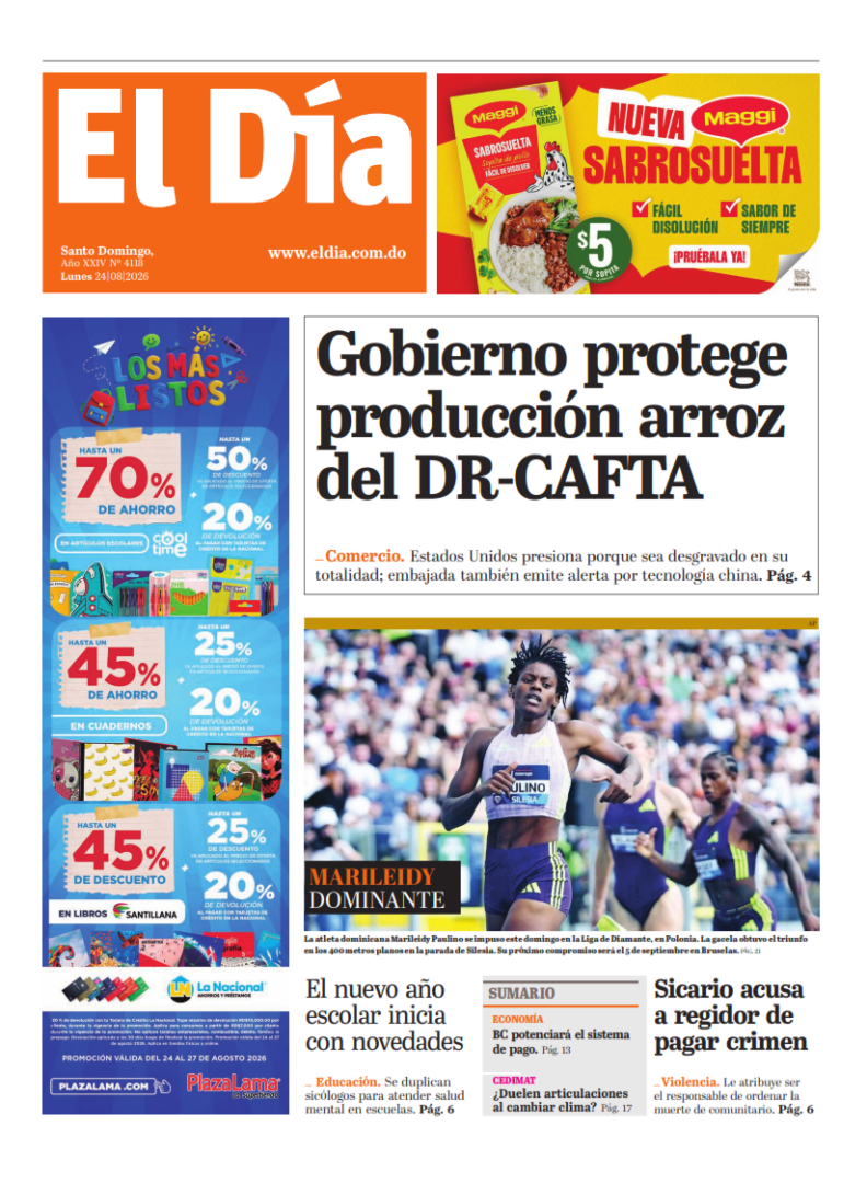 Portada Periódico El Día, Lunes 24, Agosto 2026