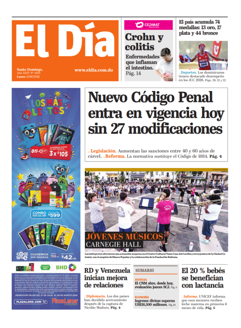 Portada Periódico El Día, Lunes 3, Agosto 2026