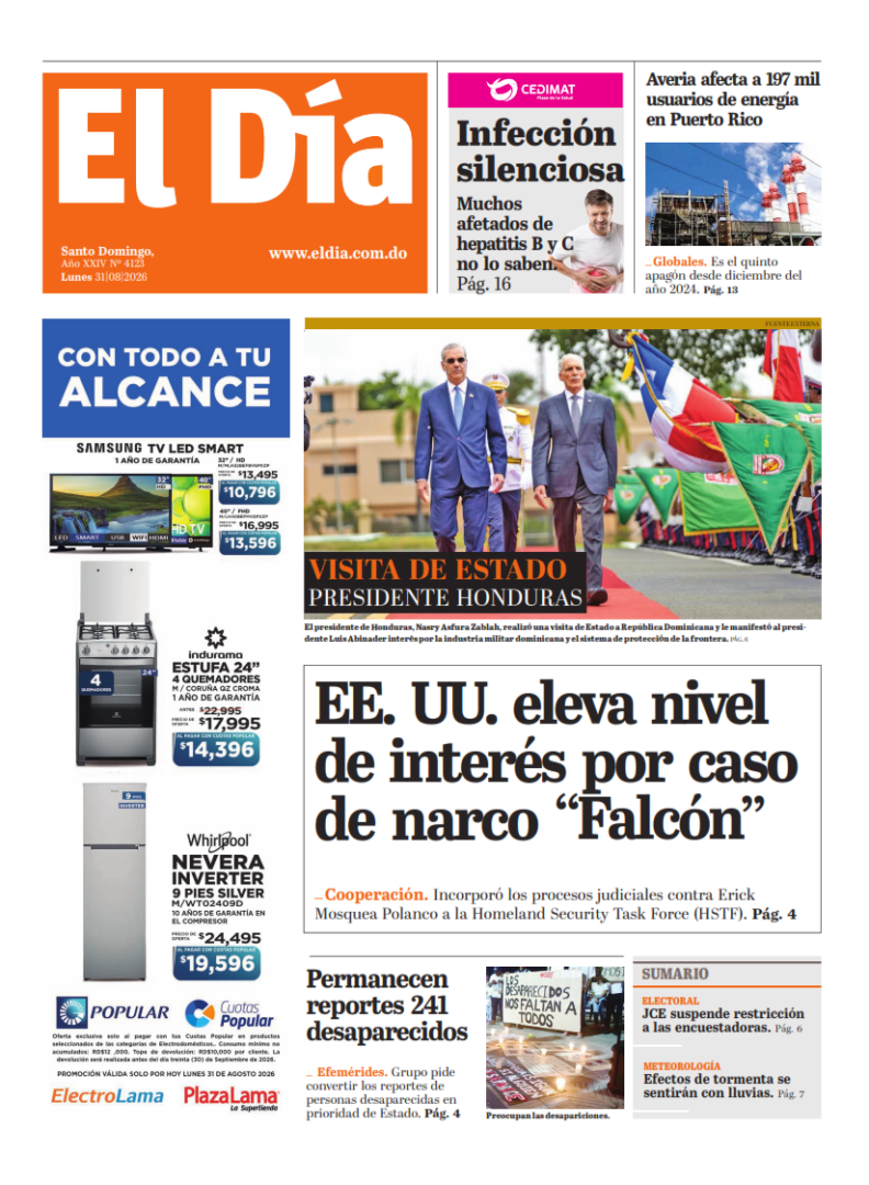 Portada Periódico El Día, Lunes 31, Agosto 2026