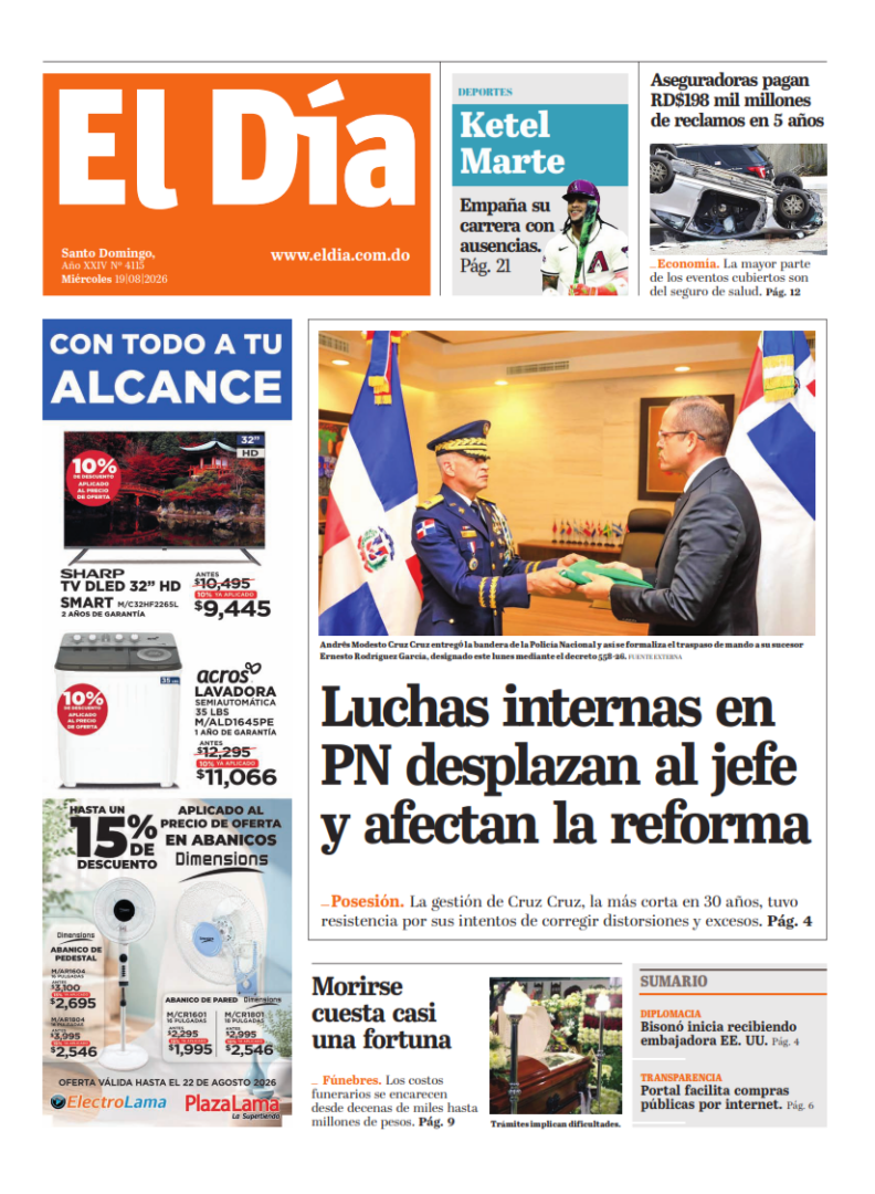 Portada Periódico El Día, Miércoles 19, Agosto 2026
