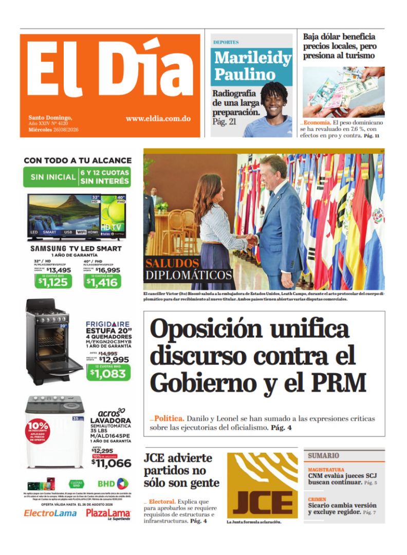 Portada Periódico El Día, Miércoles 26, Agosto 2026