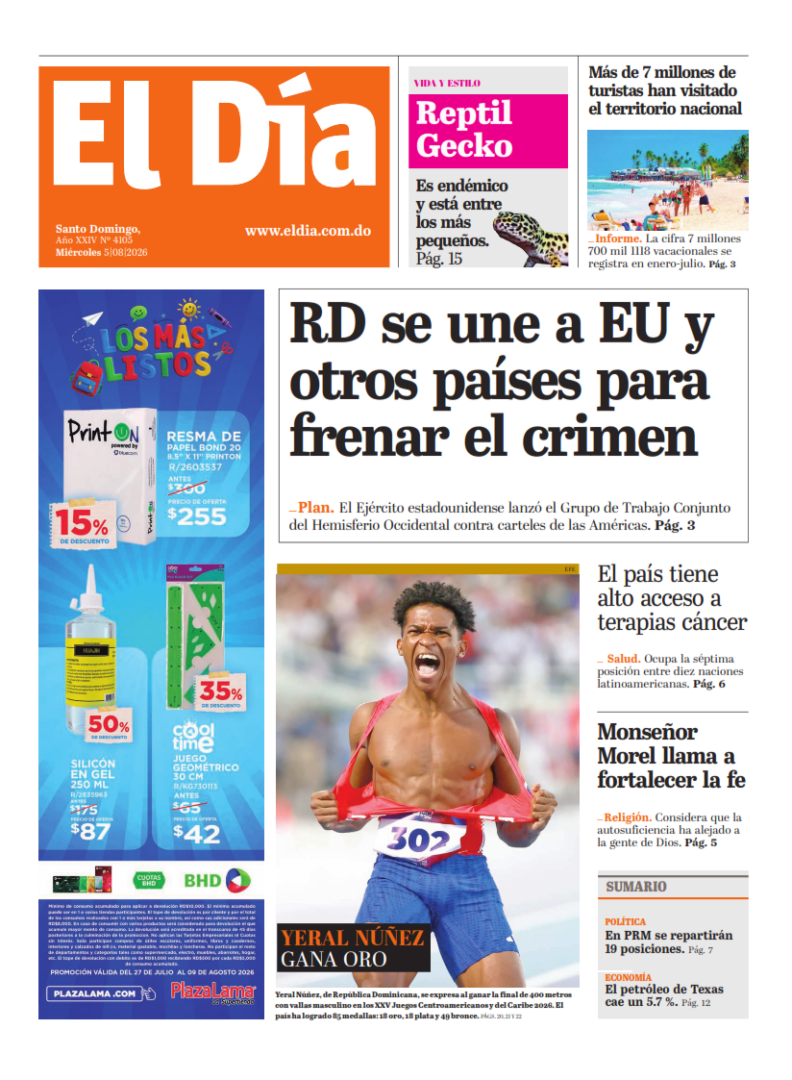 Portada Periódico El Día, Miércoles 5, Agosto 2026