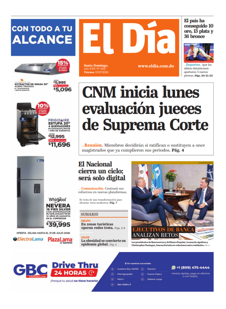 Portada Periódico El Día, Sábado 1, Agosto 2026
