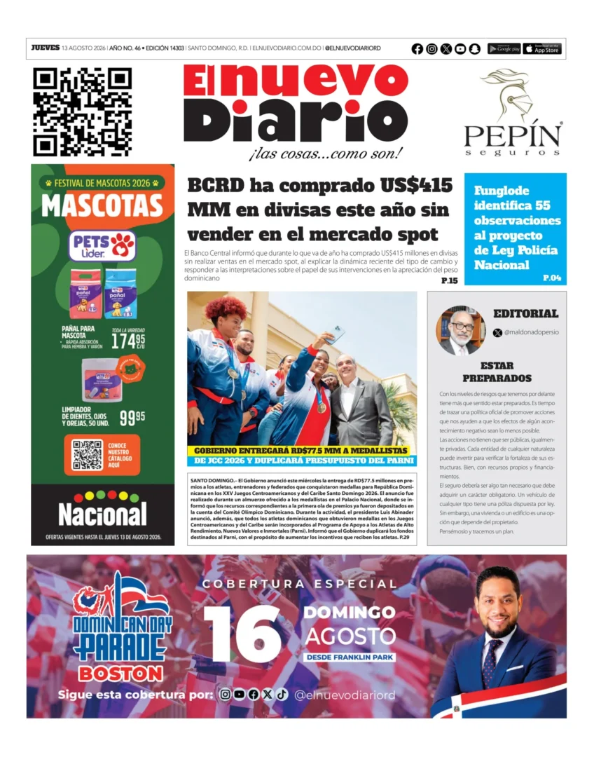 Portada Periódico El Nuevo Diario, Jueves 13, Agosto 2026