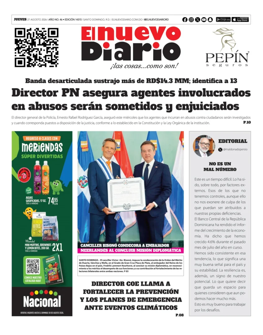 Portada Periódico El Nuevo Diario, Jueves 27, Agosto 2026