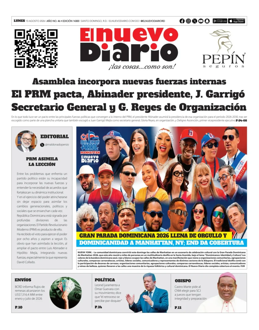 Portada Periódico El Nuevo Diario, Lunes 10, Agosto 2026