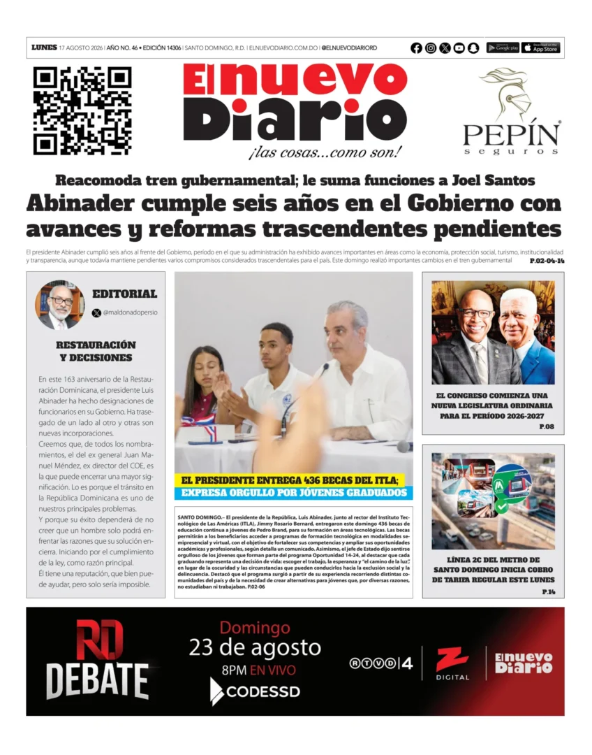 Portada Periódico El Nuevo Diario, Lunes 17, Agosto 2026