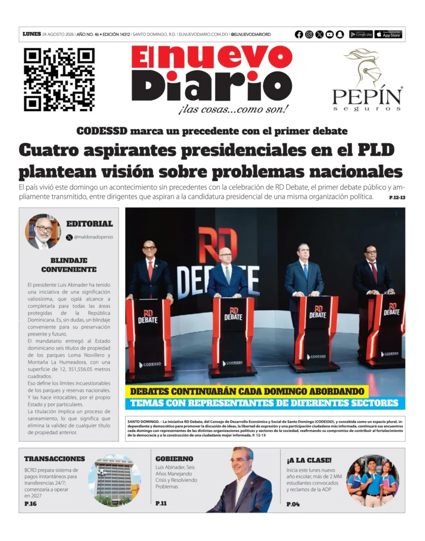 Portada Periódico El Nuevo Diario, Lunes 24, Agosto 2026