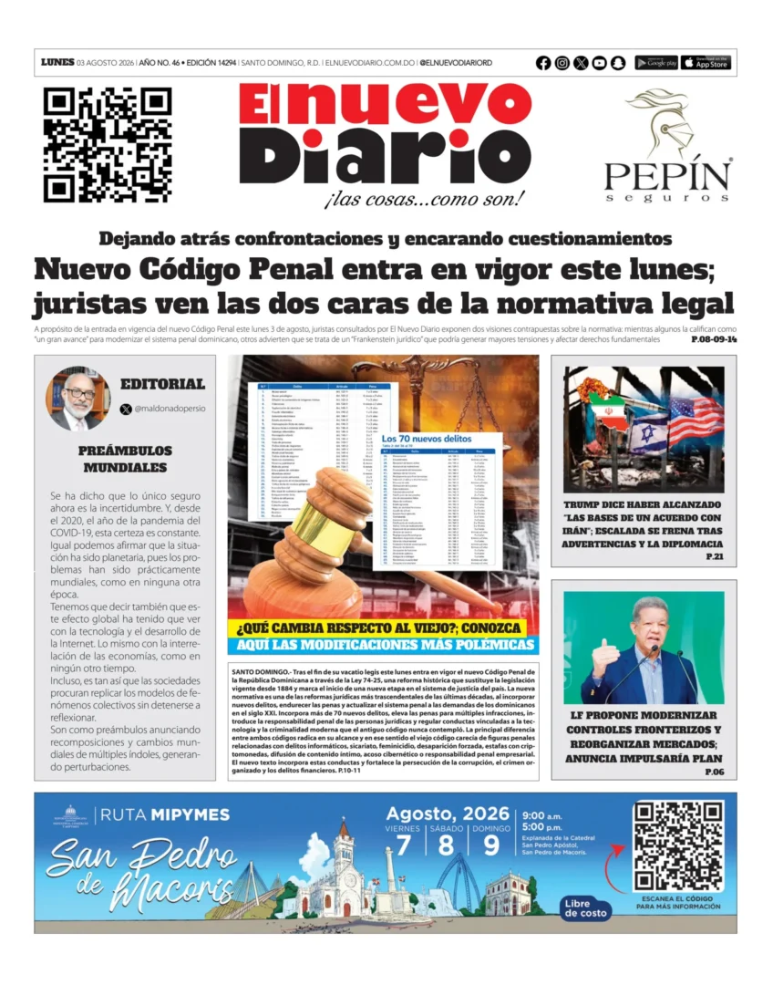Portada Periódico El Nuevo Diario, Lunes 3, Agosto 2026
