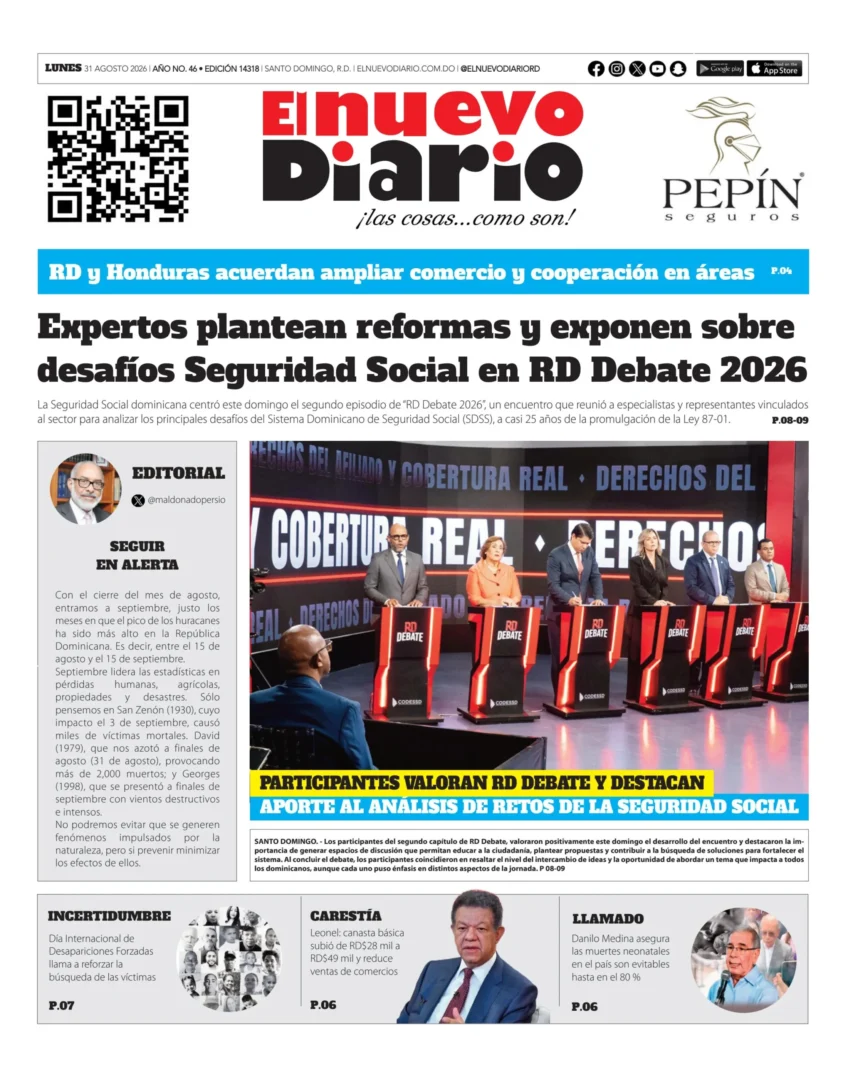 Portada Periódico El Nuevo Diario, Lunes 31, Agosto 2026