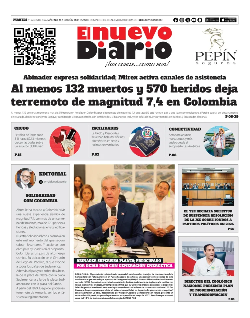 Portada Periódico El Nuevo Diario, Martes 11, Agosto 2026