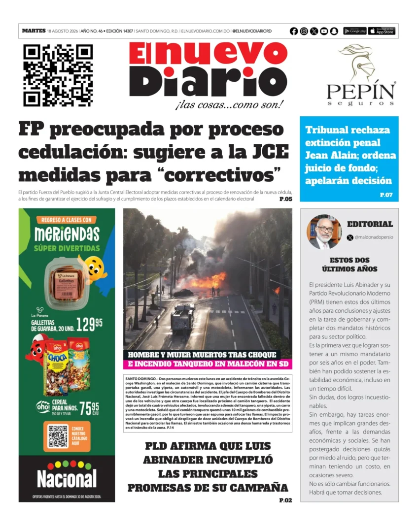 Portada Periódico El Nuevo Diario, Martes 18, Agosto 2026