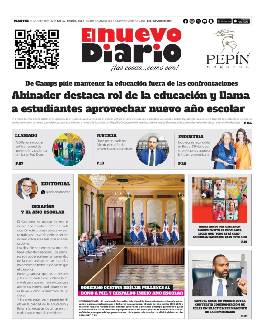 Portada Periódico El Nuevo Diario, Martes 25, Agosto 2026