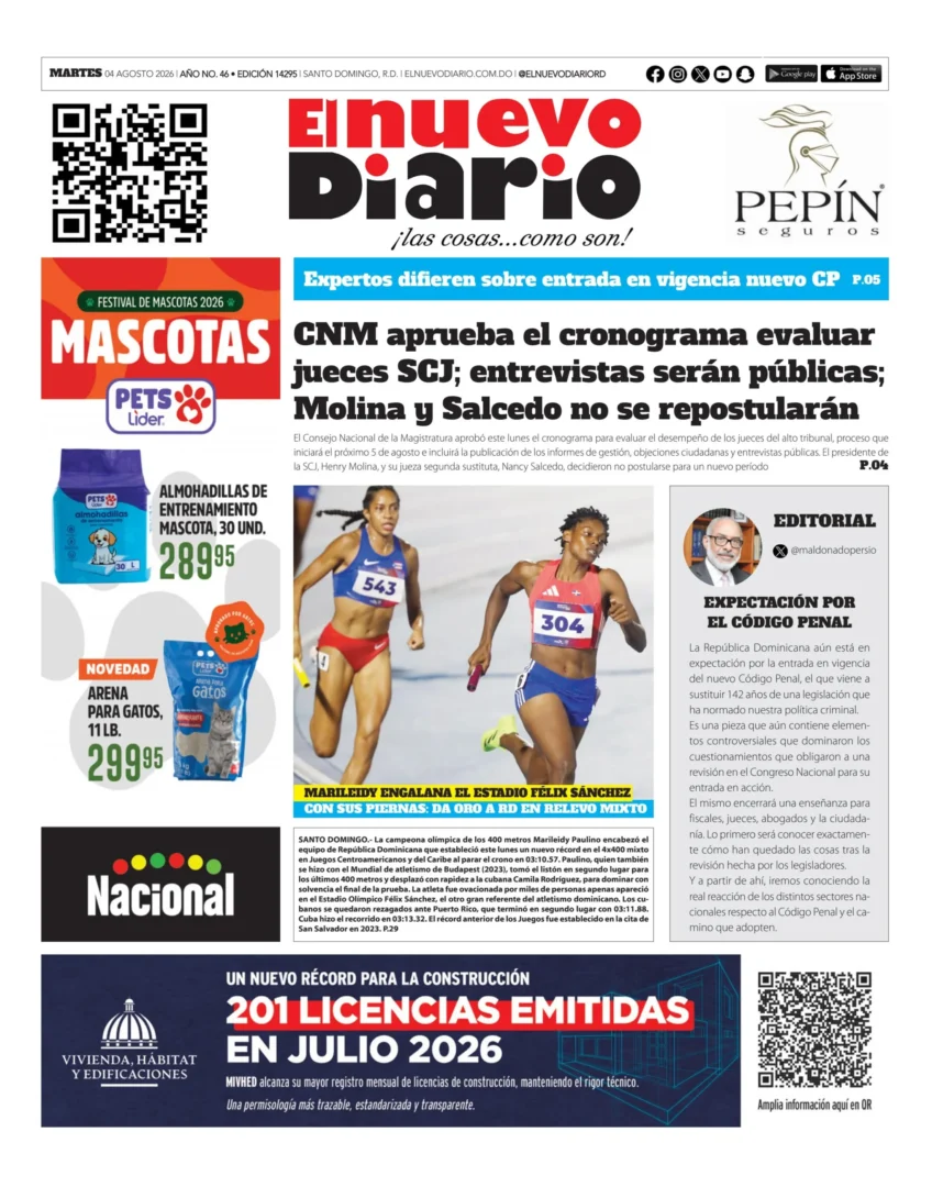 Portada Periódico El Nuevo Diario, Martes 4, Agosto 2026