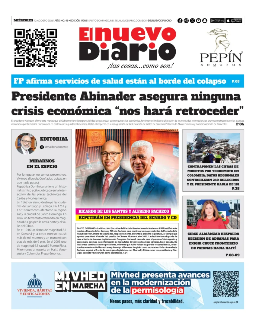 Portada Periódico El Nuevo Diario, Miércoles 12, Agosto 2026