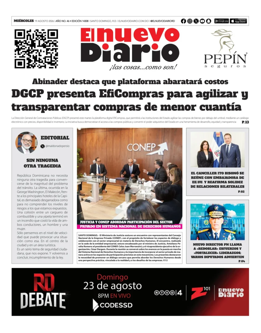 Portada Periódico El Nuevo Diario, Miércoles 19, Agosto 2026