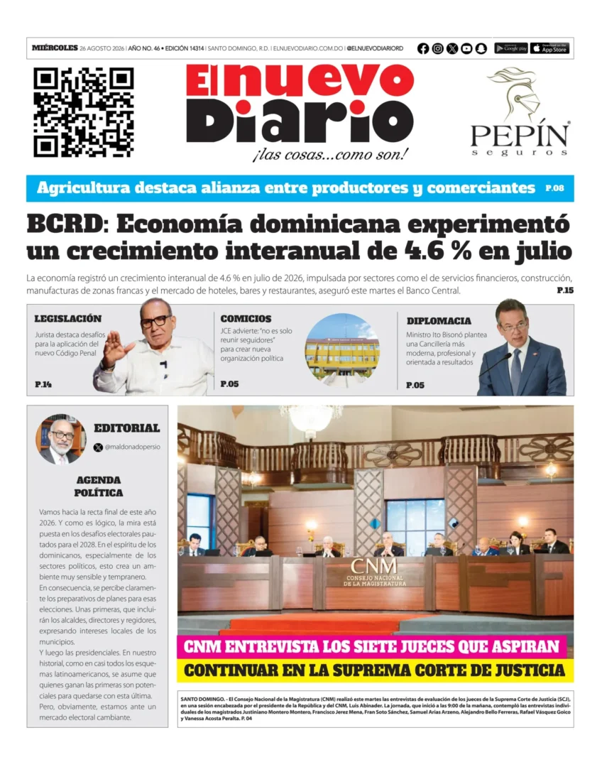 Portada Periódico El Nuevo Diario, Miércoles 26, Agosto 2026