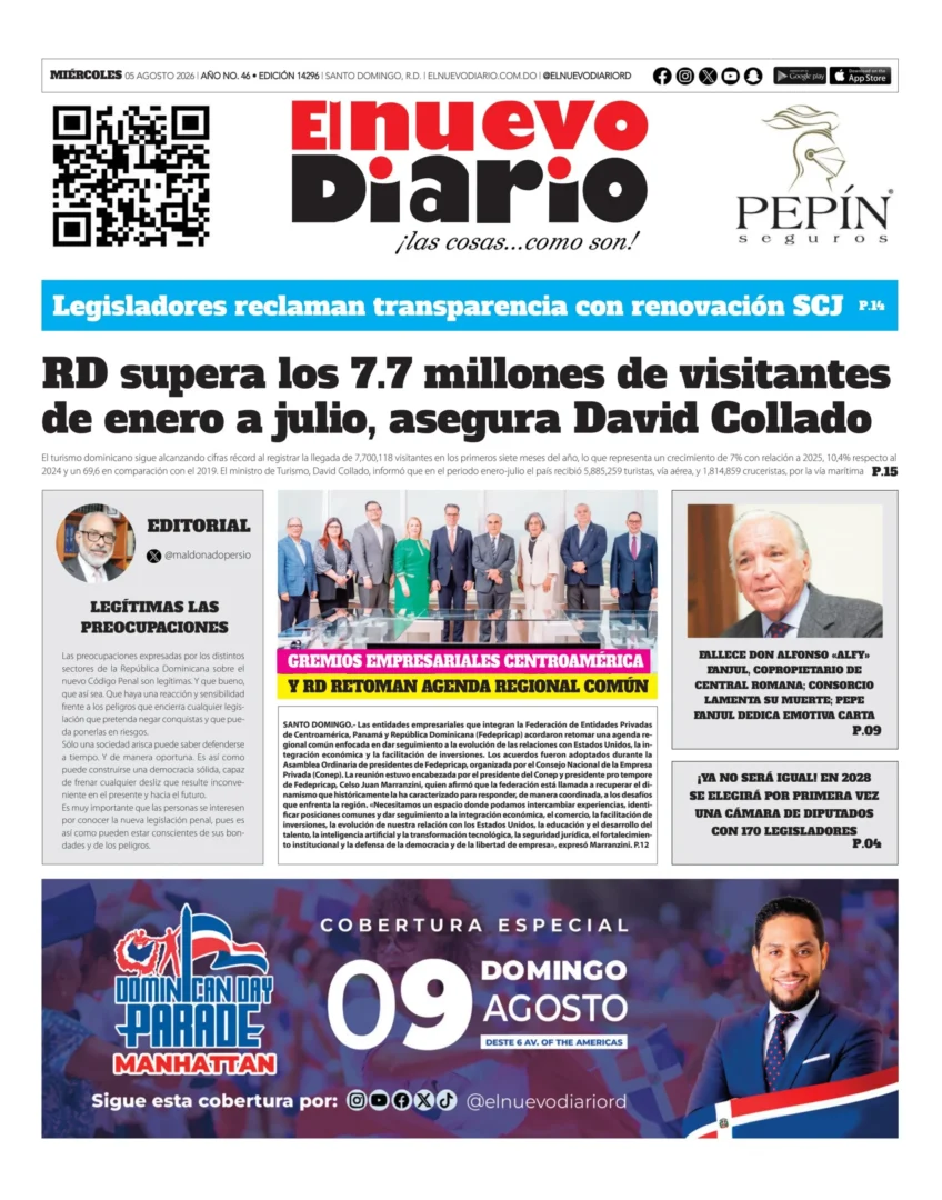 Portada Periódico El Nuevo Diario, Miércoles 5, Agosto 2026