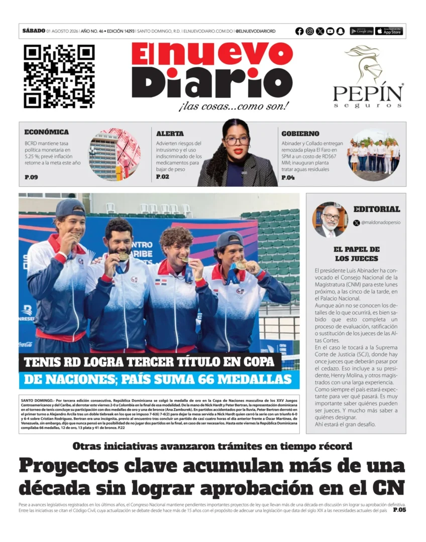 Portada Periódico El Nuevo Diario, Sábado 1, Agosto 2026