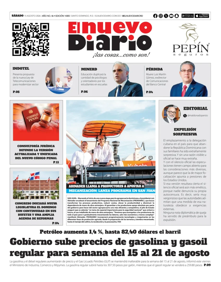 Portada Periódico El Nuevo Diario, Sábado 15, Agosto 2026