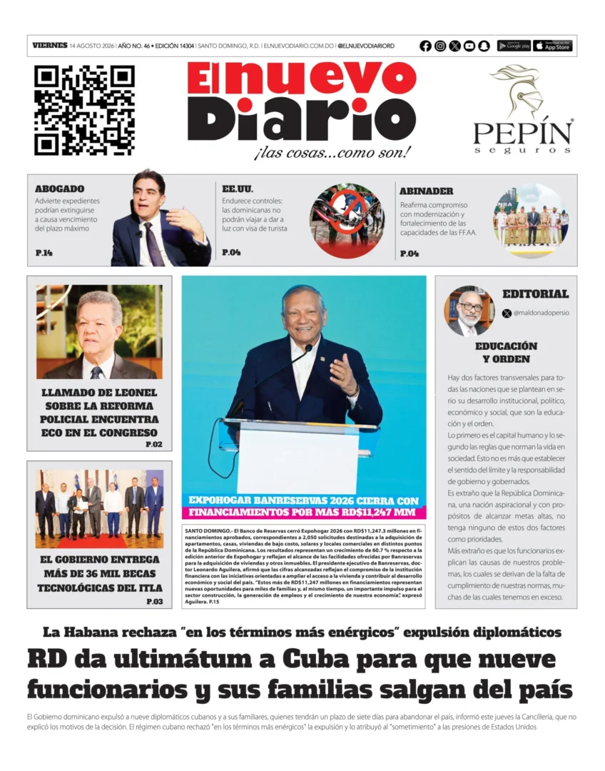 Portada Periódico El Nuevo Diario, Viernes 14, Agosto 2026