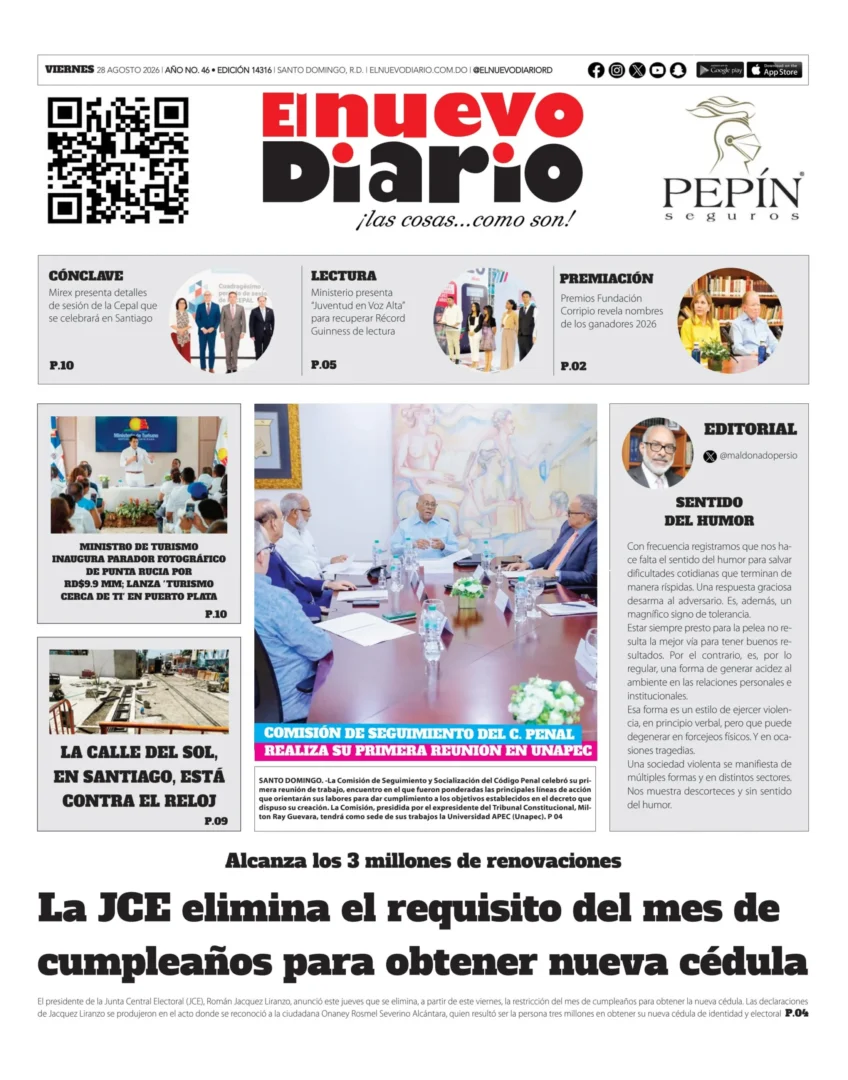Portada Periódico El Nuevo Diario, Viernes 28, Agosto 2026