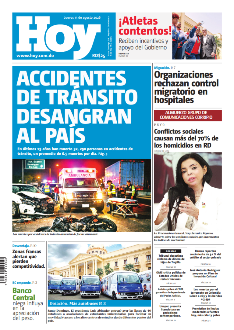 Portada Periódico Hoy, Jueves 13, Agosto 2026 001