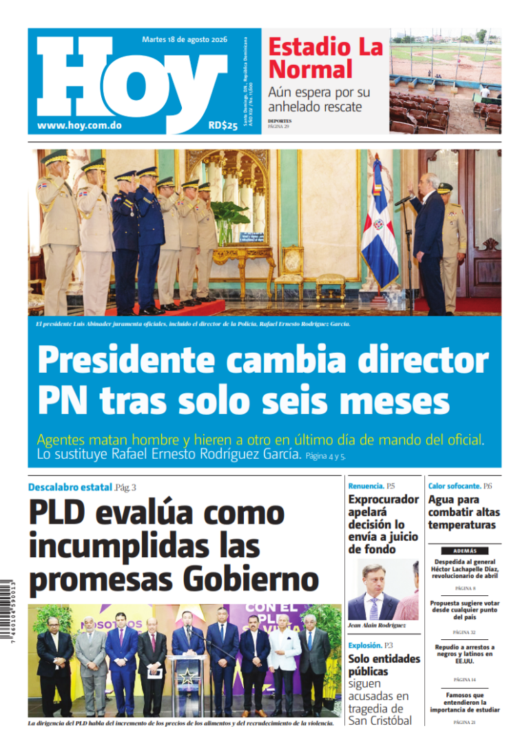 Portada Periódico Hoy, Martes 18, Agosto 2026