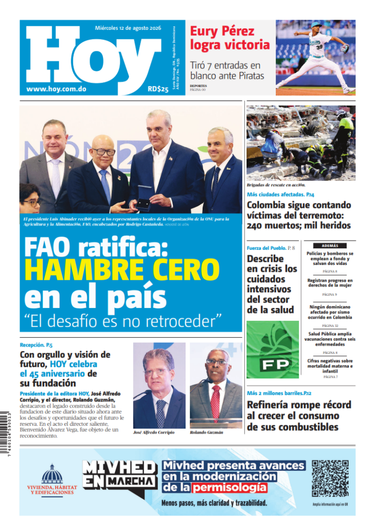 Portada Periódico Hoy, Miércoles 12, Agosto 2026