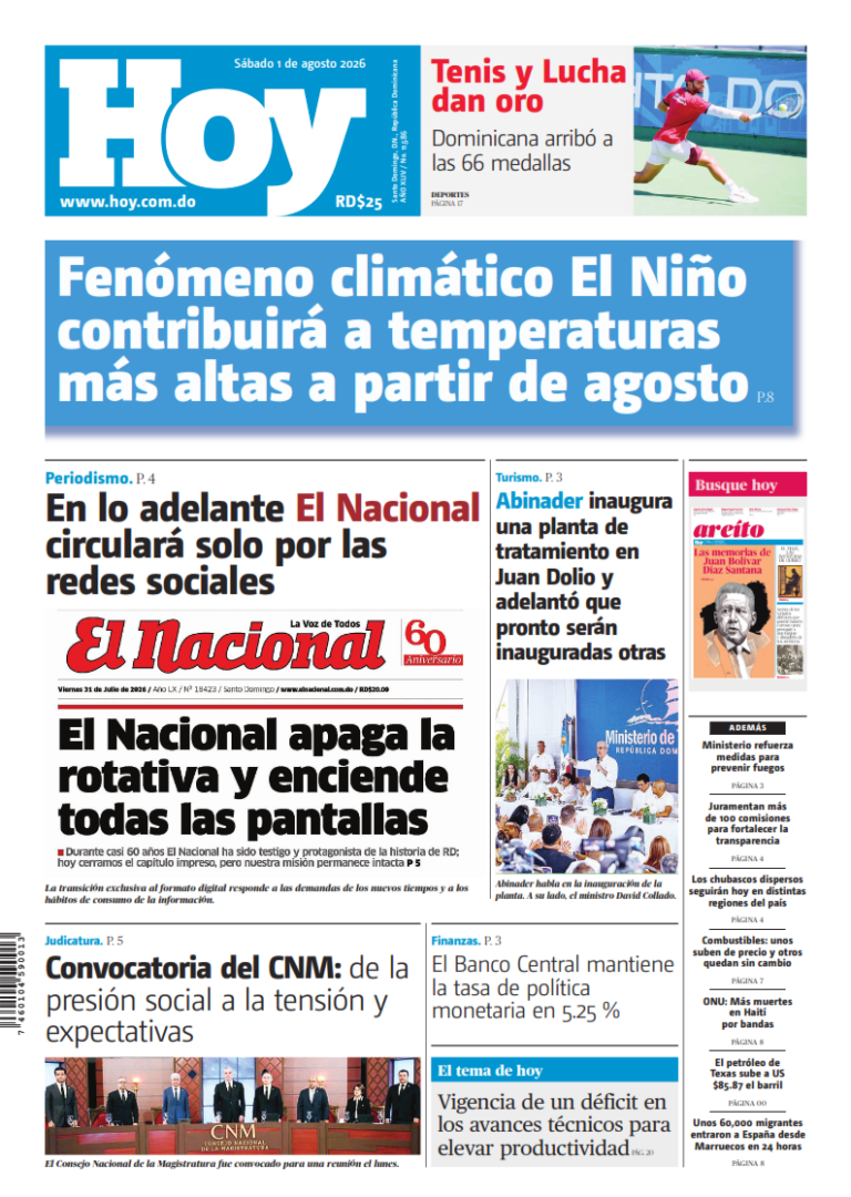 Portada Periódico Hoy, Sábado 1, Agosto 2026