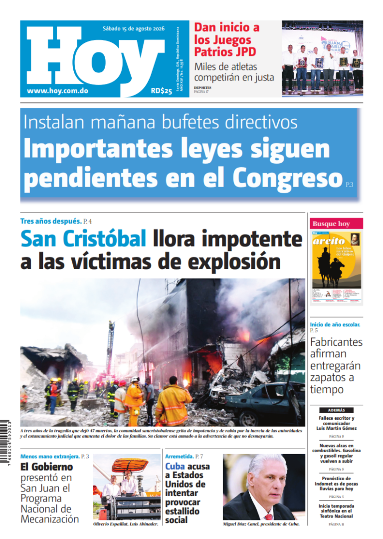 Portada Periódico Hoy, Sábado 15, Agosto 2026