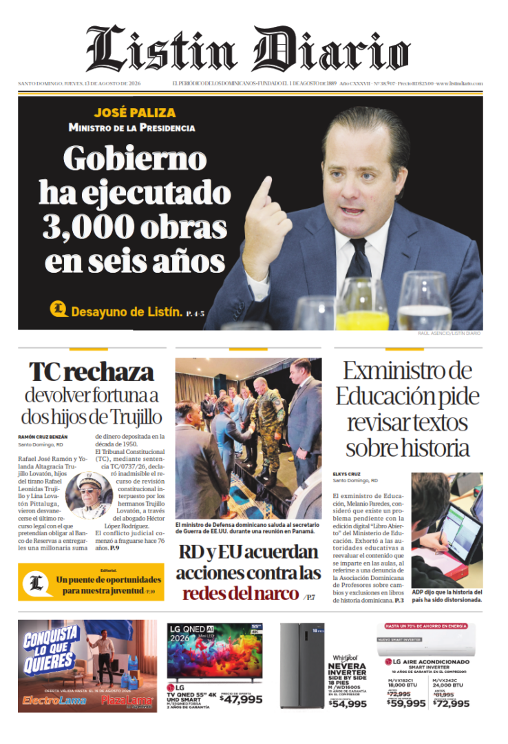 Portada Periódico Listín Diario, Jueves 13, Agosto 2026 001