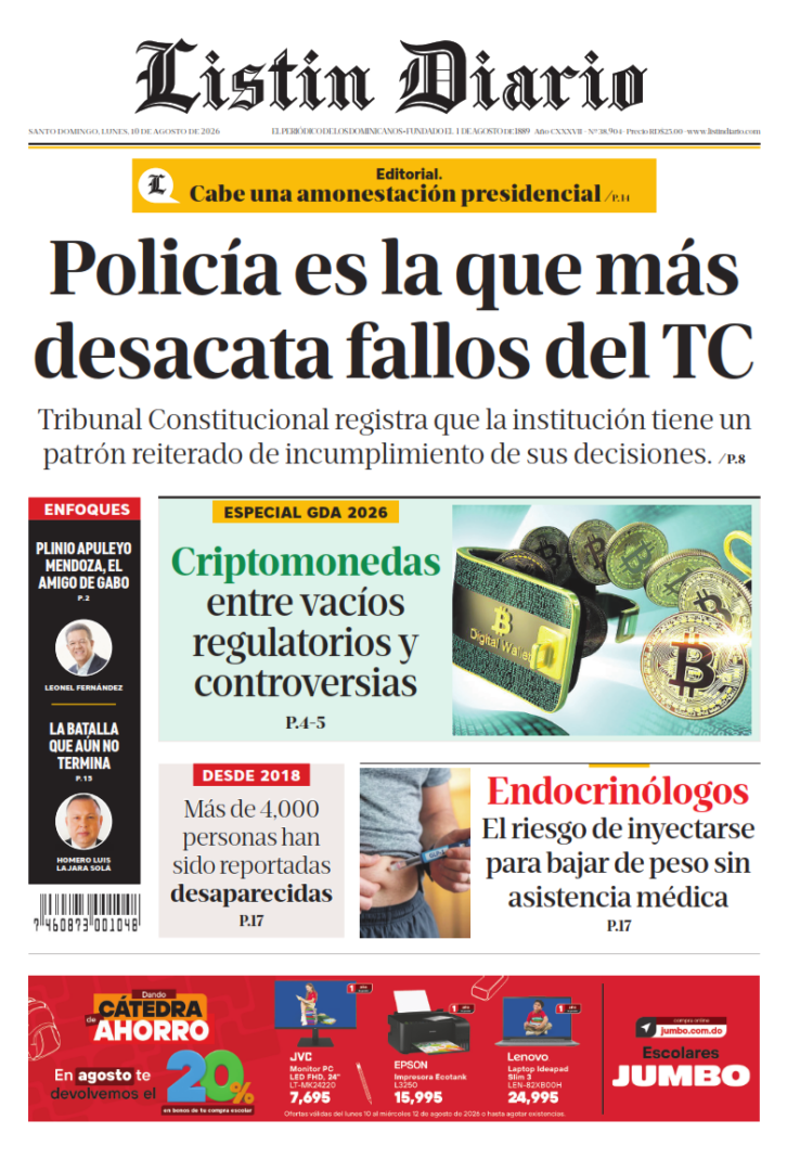 Portada Periódico Listín Diario, Lunes 10, Agosto 2026