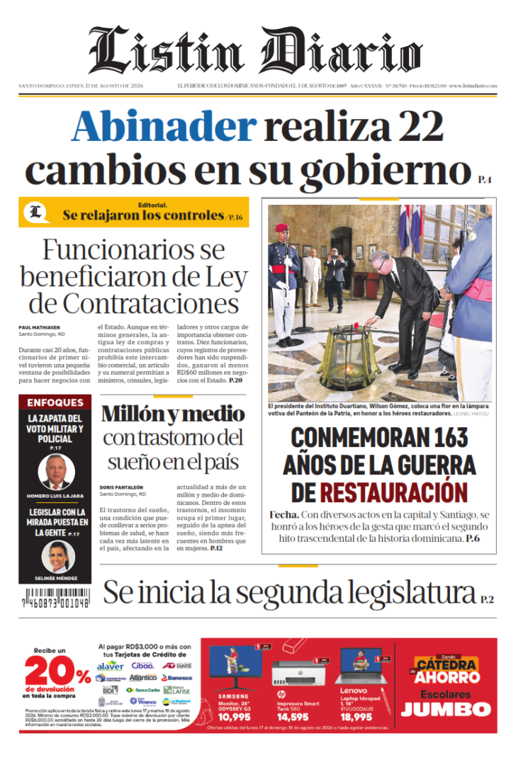 Portada Periódico Listín Diario, Lunes 17, Agosto 2026