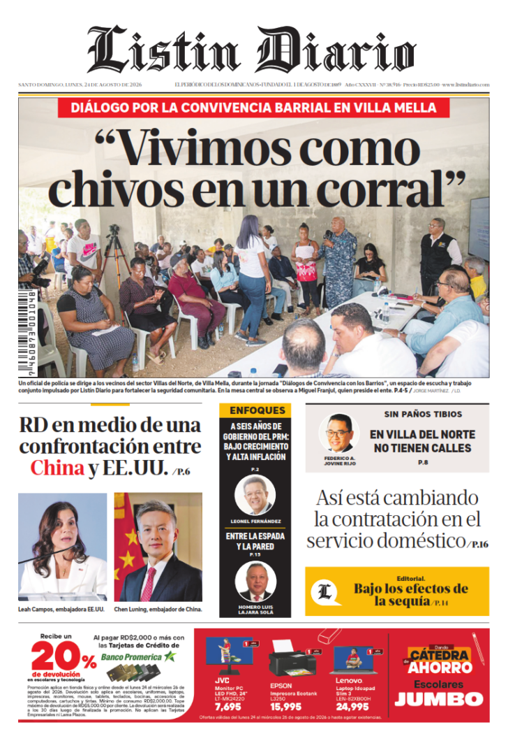 Portada Periódico Listín Diario, Lunes 24, Agosto 2026
