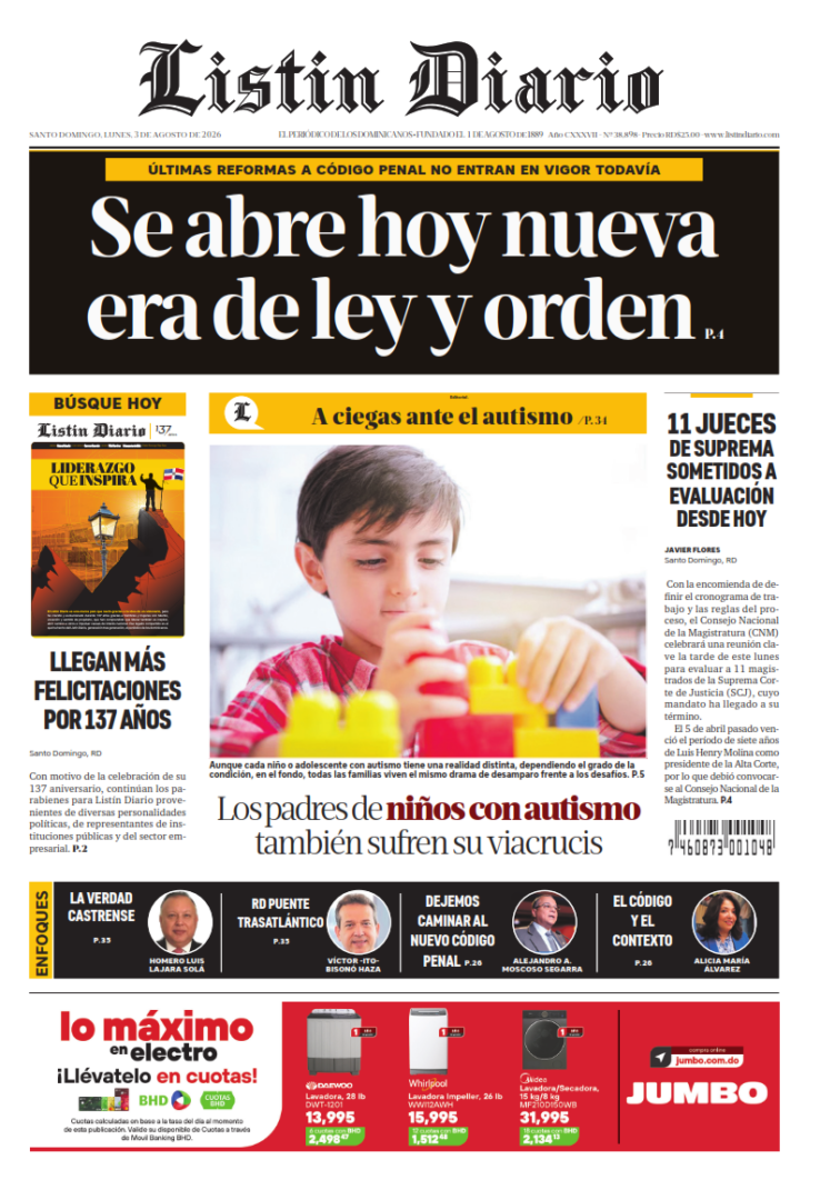 Portada Periódico Listín Diario, Lunes 3, Agosto 2026
