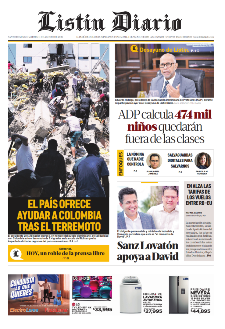 Portada Periódico Listín Diario, Martes 11, Agosto 2026