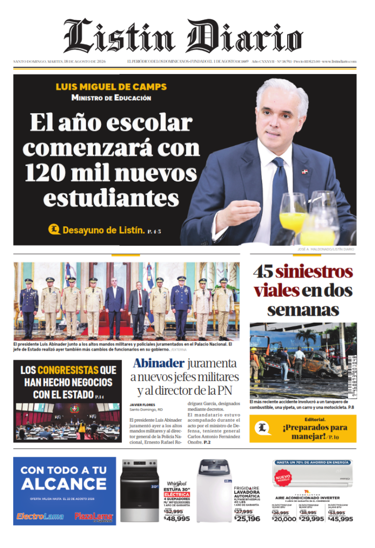 Portada Periódico Listín Diario, Martes 18, Agosto 2026