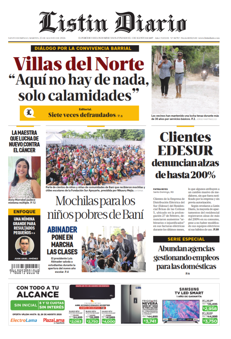 Portada Periódico Listín Diario, Martes 25, Agosto 2026