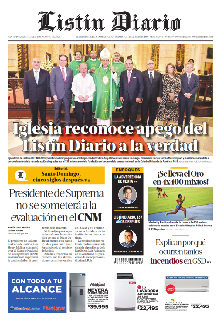 Portada Periódico Listín Diario, Martes 4, Agosto 2026