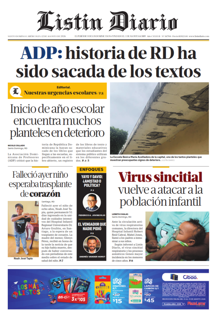 Portada Periódico Listín Diario, Miércoles 12, Agosto 2026