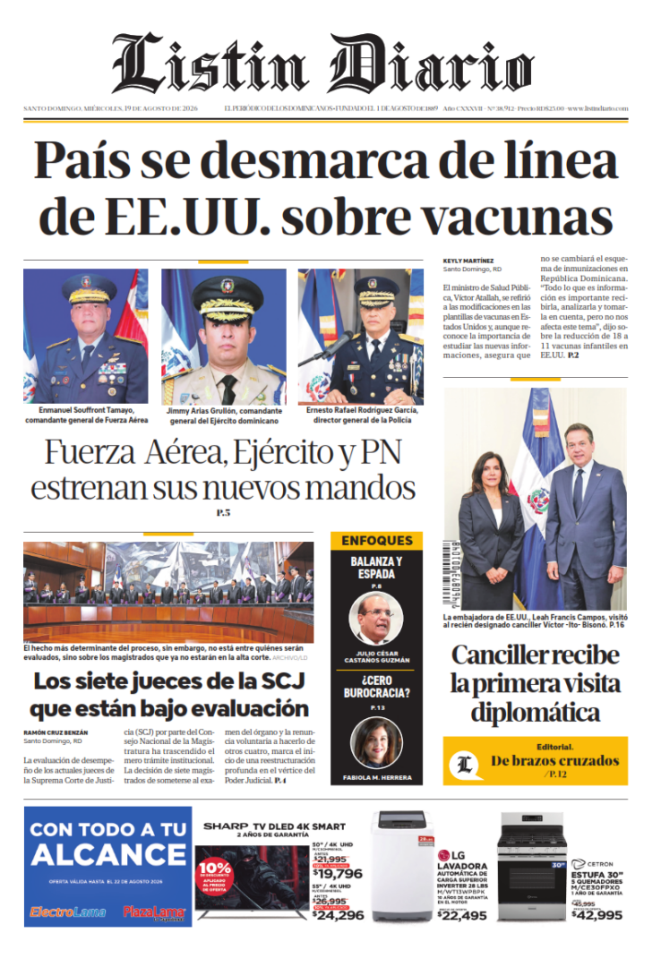Portada Periódico Listín Diario, Miércoles 19, Agosto 2026