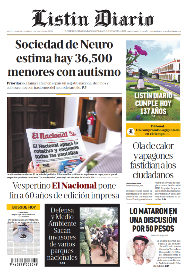 Portada Periódico Listín Diario, Sábado 1, Agosto 2026