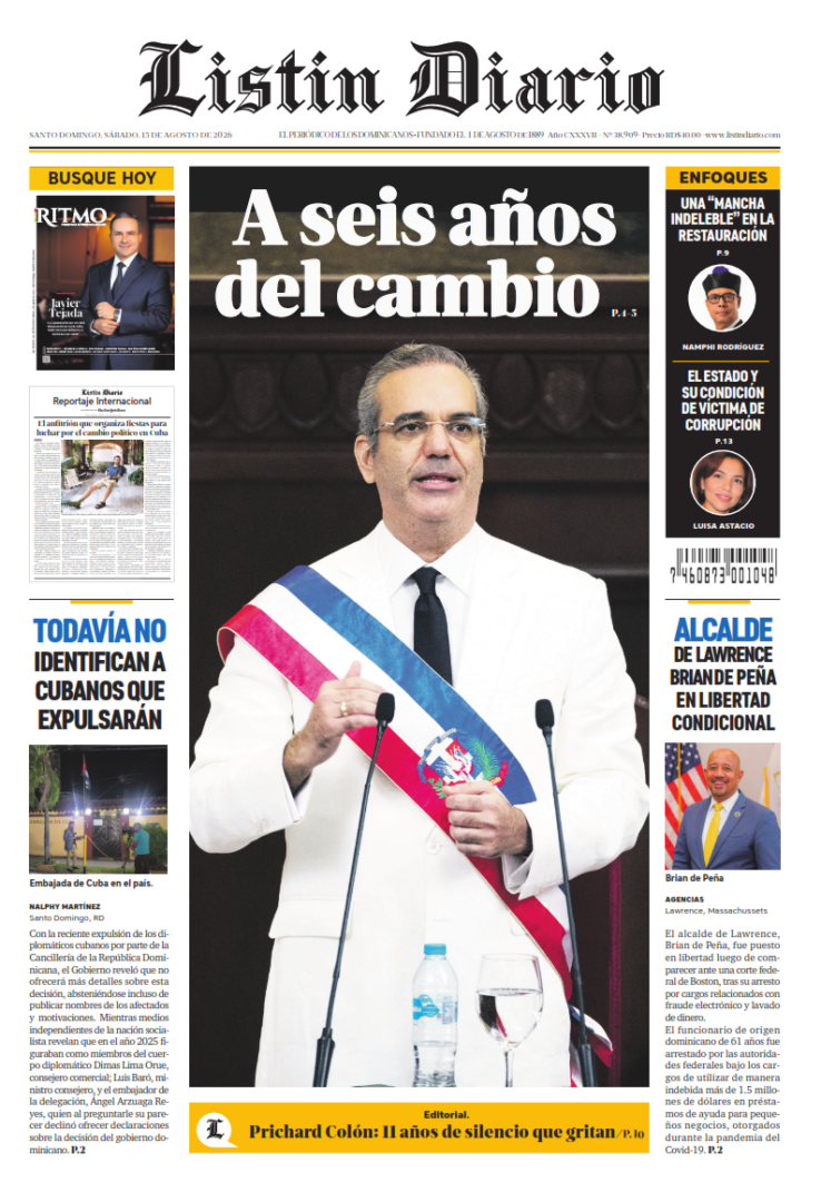 Portada Periódico Listín Diario, Sábado 15, Agosto 2026