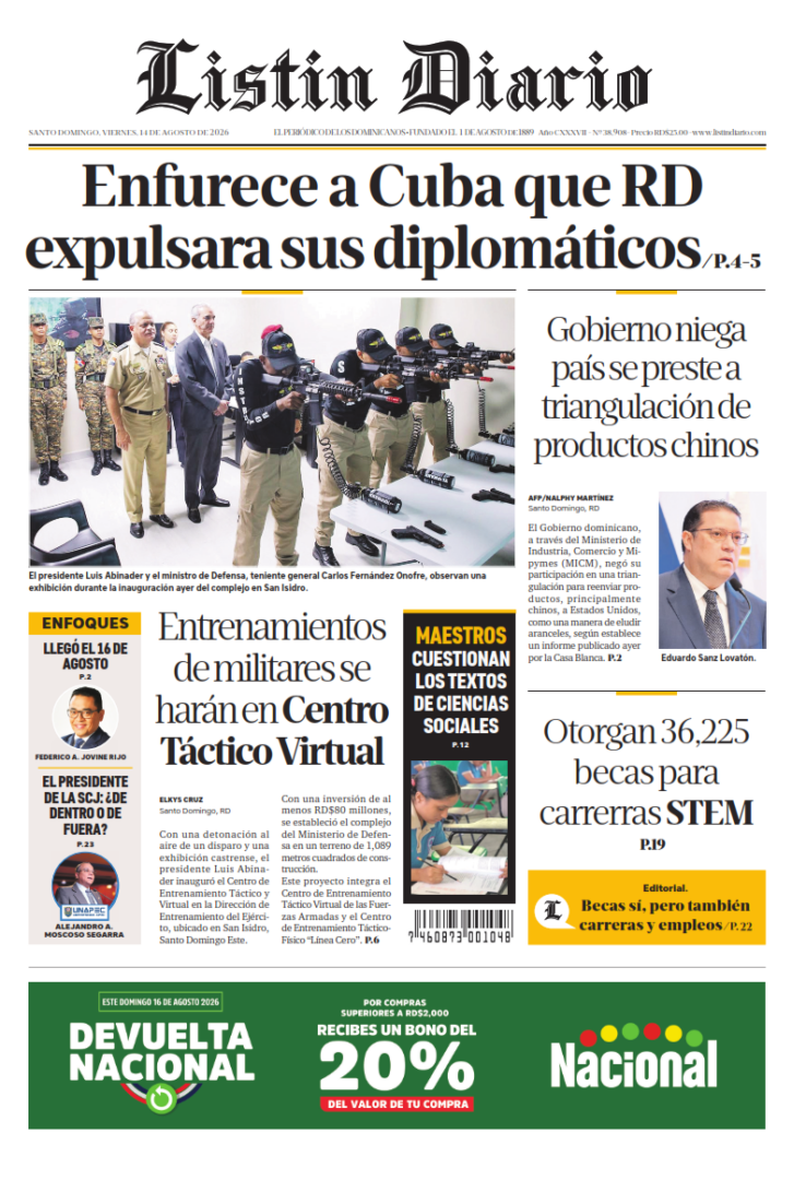 Portada Periódico Listín Diario, Viernes 14, Agosto 2026