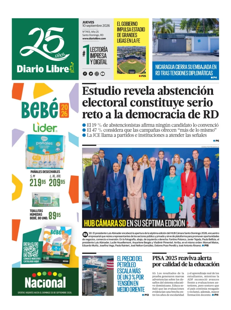 Portada Periódico Diario Libre, Jueves 10, Septiembre 2026
